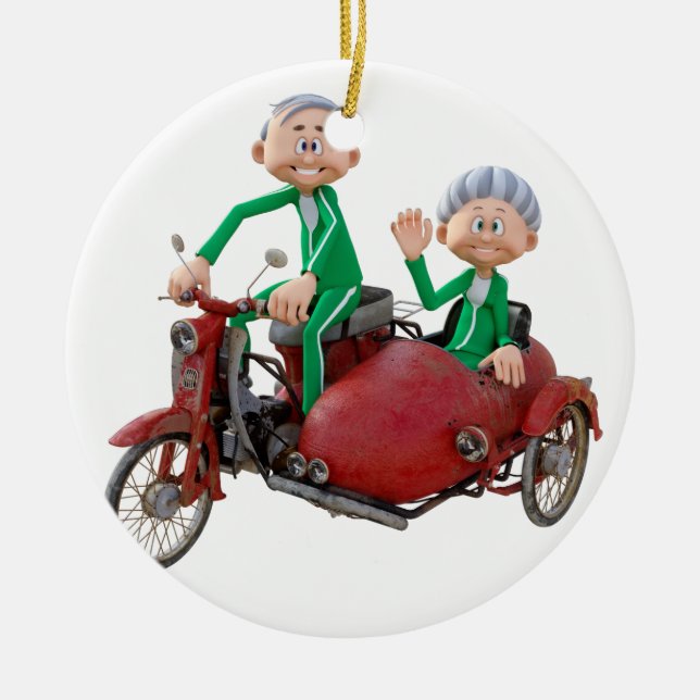 Older Couple on a Moped with Sidecar Ceramic Ornament (Front)