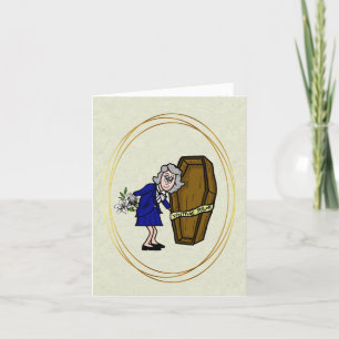 Older Female Mortician with Casket Sale Card