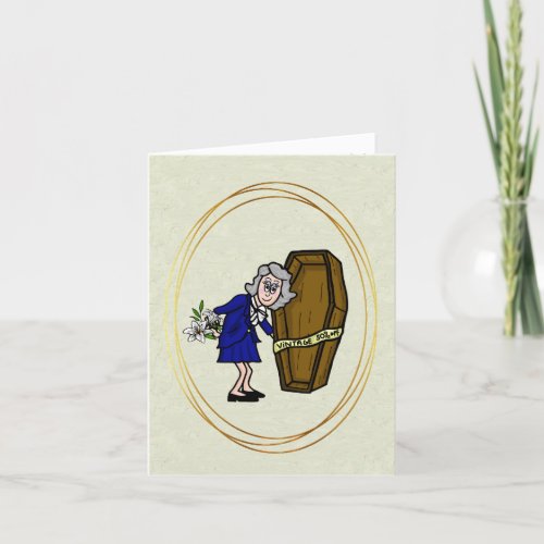 Older Female Mortician with Casket Sale Card      