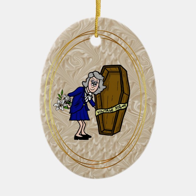 Older Female Mortician with Coffin Sale Ornament (Front)