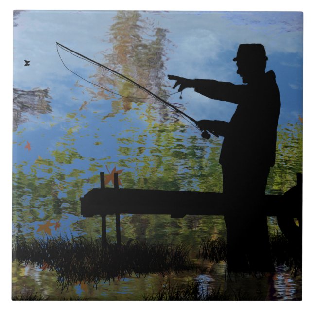 Older Man Fishing Retirement Ceramic Tile (Front)