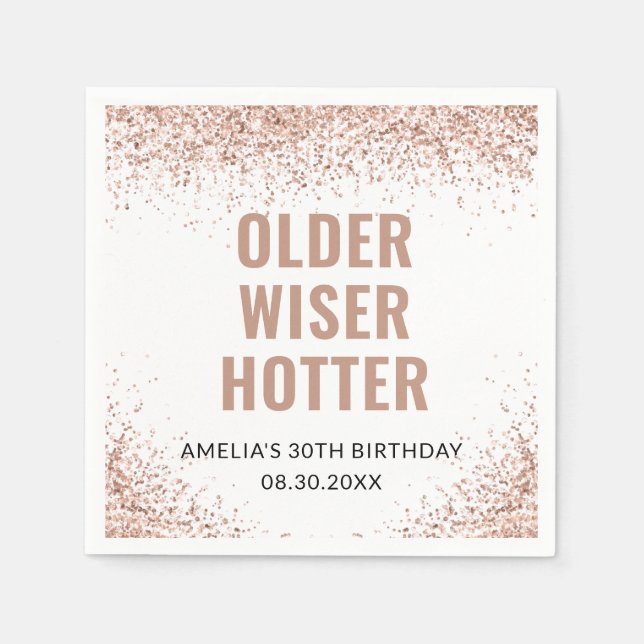 Older, Wiser, Hotter Birthday Pink Glitter Napkins (Front)