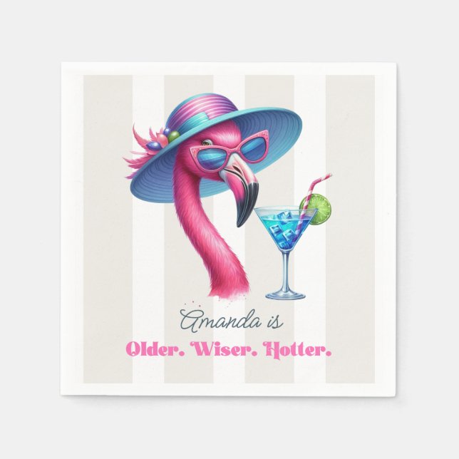 Older Wiser Hotter Hot Pink Flamingo Birthday Napkins (Front)
