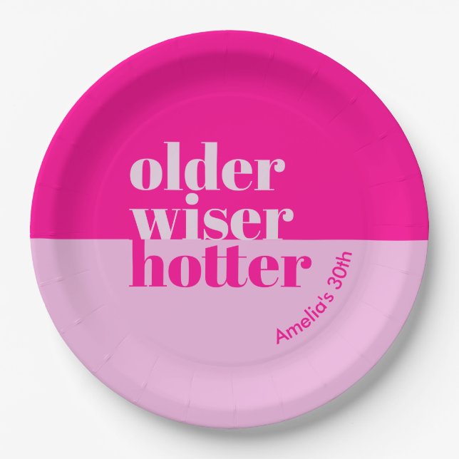 Older, Wiser, Hotter Minimal Bold Pink Birthday Paper Plates (Front)