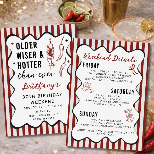 Older Wiser Hotter Red Birthday Weekend Itinerary Invitation (Creator Uploaded)