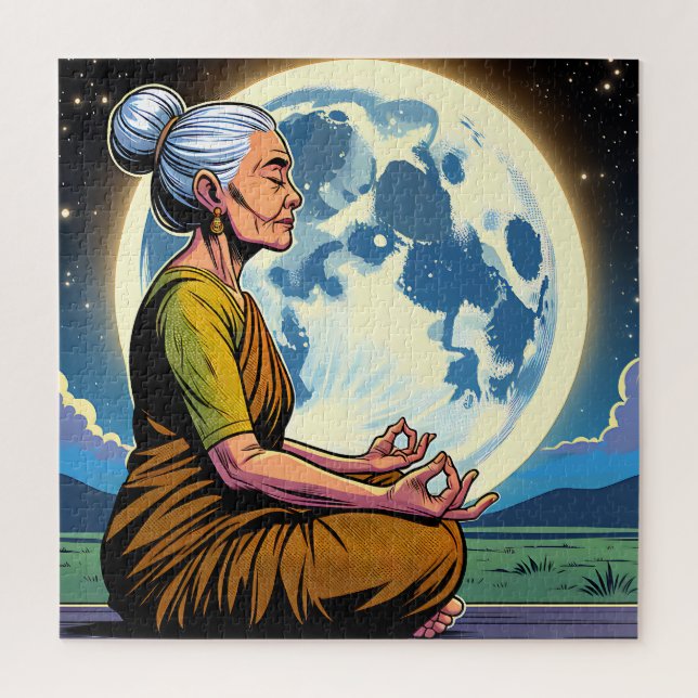 Older Woman Meditating Under the Moon Jigsaw Puzzle (Vertical)