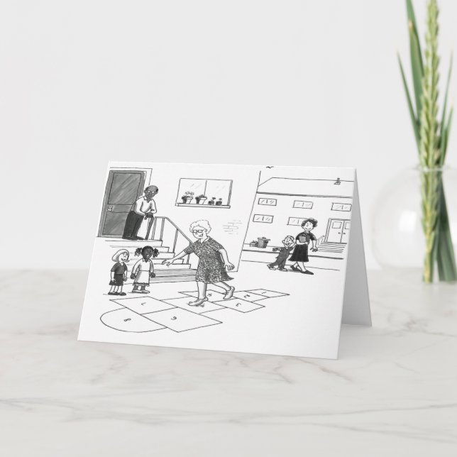 Older woman skips playing hopscotch with kids card (Front)