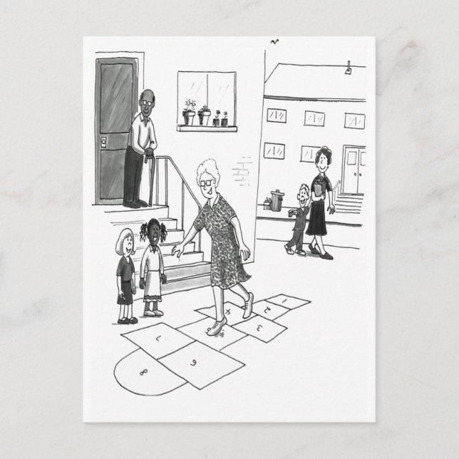Older woman skips playing hopscotch with kids postcard (Front)