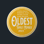 Oldest Family Member Reunion Button<br><div class="desc">It's fun getting together with your family and reconnecting, sharing stories and learning about family genealogy. It's also fun to have an awards ceremony at your Family Reunion gathering. Here is a fun yellow and white Family Reunion Award Button for the Oldest Family Member. Add your family name and year...</div>