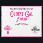 Oldest Gal Family Tree Reunion Award Letterhead<br><div class="desc">Have some fun and hand out this Oldest Gal Award at your family reunion awards ceremony. Pink, black and white with distressed look includes a family tree with a heart and a family reunion logo. Write in the award winners name, add your family name, year of event and location of...</div>