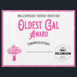 Oldest Gal Family Tree Reunion Award Letterhead<br><div class="desc">Have some fun and hand out this Oldest Gal Award at your family reunion awards ceremony. Pink, black and white with distressed look includes a family tree with a heart and a family reunion logo. Write in the award winners name, add your family name, year of event and location of...</div>