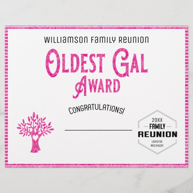 Oldest Gal Family Tree Reunion Award Letterhead (Front)