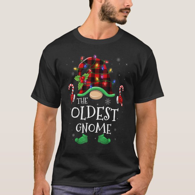 Oldest Gnome Buffalo Plaid Matching Family Christm T-Shirt (Front)