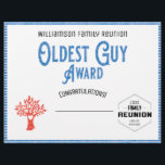 Oldest Guy Family Tree Reunion Award Letterhead<br><div class="desc">Have some fun and hand out this Oldest Guy Award at your family reunion awards ceremony. Blue with distressed look includes a family tree with a heart and a family reunion logo. Write in the award winners name, add your family name, year of event and location of the event. Nice...</div>