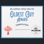 Oldest Guy Family Tree Reunion Award Letterhead<br><div class="desc">Have some fun and hand out this Oldest Guy Award at your family reunion awards ceremony. Blue with distressed look includes a family tree with a heart and a family reunion logo. Write in the award winners name, add your family name, year of event and location of the event. Nice...</div>