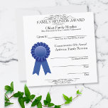 Oldest Member Elegant Family Reunion Awards Invitation<br><div class="desc">Blue ribbon graphic with template of awards given at family reunions. Filigree scrolls at top header and bottom. Fill in the blanks for on the spot completion, and text templates to vary the type of award, sub-headline text about the award, reunion name and fill in the annual number of reunion....</div>