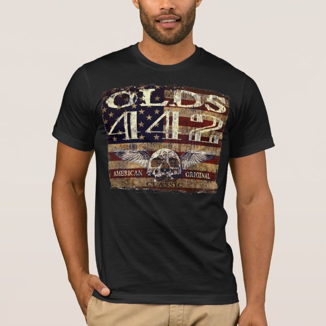 Oldsmobile 442 Design Against Eroded Flag T-Shirt (Front)