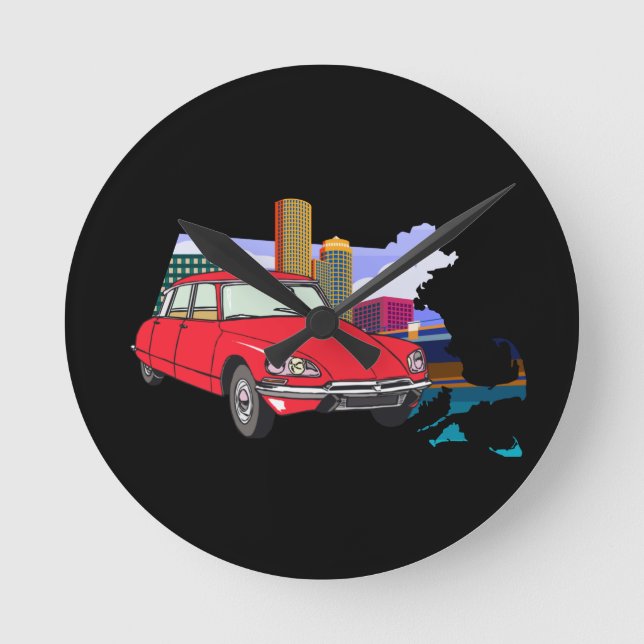 Oldtimer Ds19 Retro Futurism City Illustration Round Clock (Front)