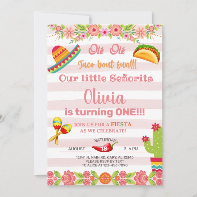 Ole ole taco fiesta senorita turning one invite. invitation (Front)