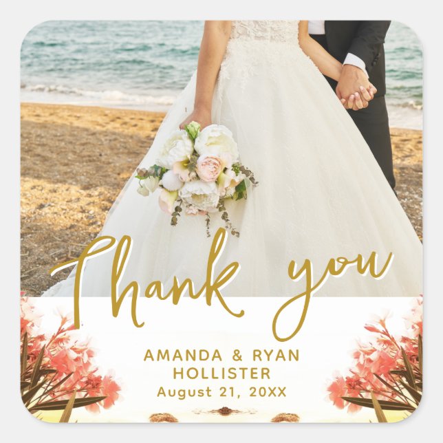 Oleander on Beach Photo Wedding Thank you Favor Square Sticker (Front)