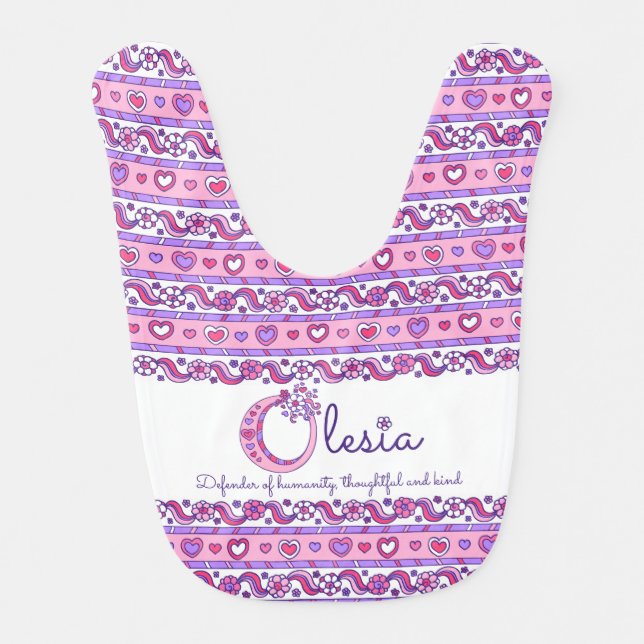 Olesia name meaning heart flower pattern baby bib (Front)