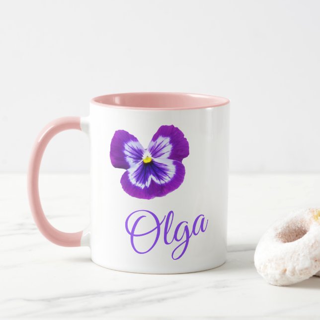 "Olga" Name Logo With A Purple Pansy Mug (With Donut)
