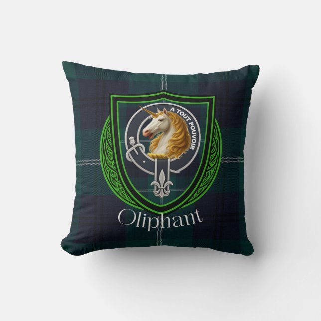 Oliphant Scottish Clan Tartan & Crest Throw Pillow (Front)