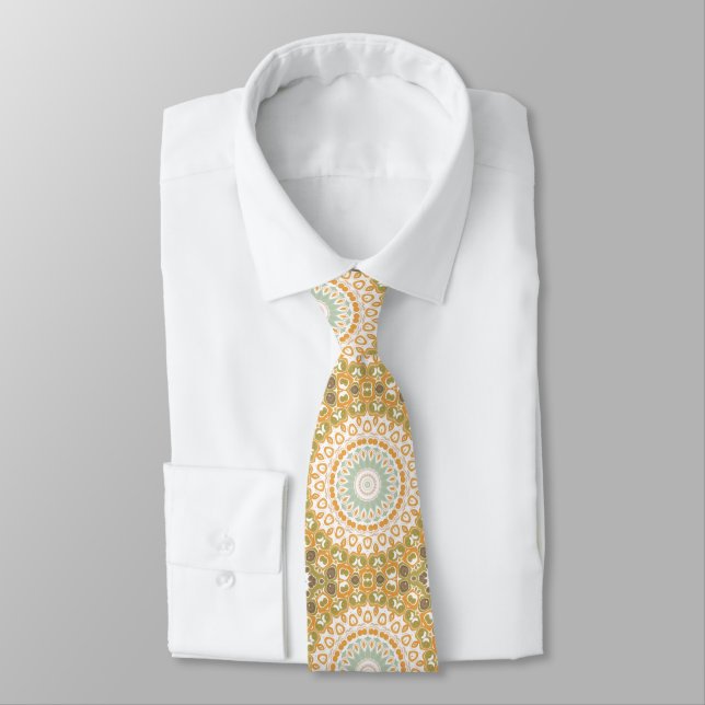 Olive and Amber Modern Mandala Design Neck Tie (Tied)