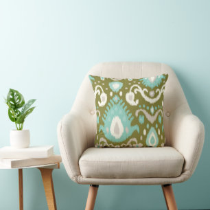 Olive and Aqua Ikat Print Throw Pillow