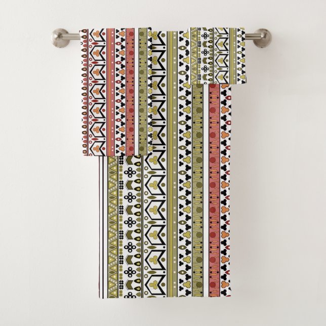 Olive and brown geometric ethnic ornament bath towel set (Insitu)