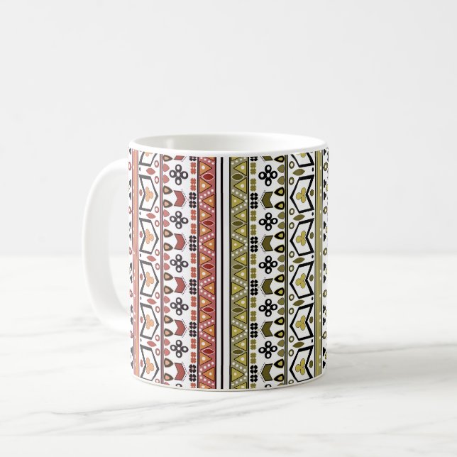 Olive and brown geometric ethnic ornament coffee mug (Front Left)