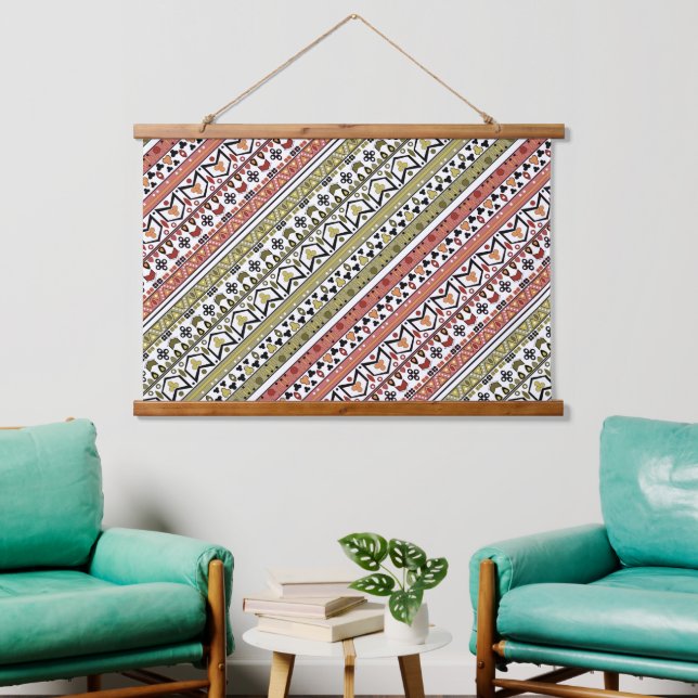Olive and brown geometric ethnic ornament hanging tapestry (Living Room)