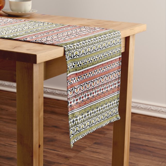 Olive and brown geometric ethnic ornament short table runner (In Situ)