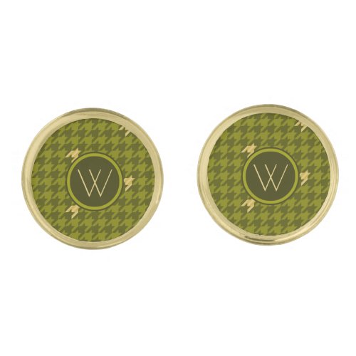 Olive and Gold Accent Houndstooth Cuff Links