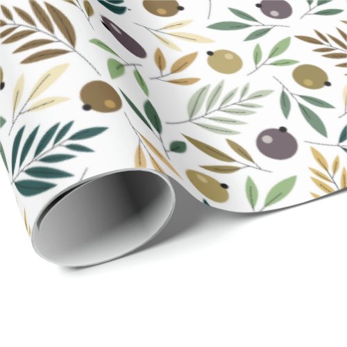 Olive and Leaves Autumn Pattern Wrapping Paper