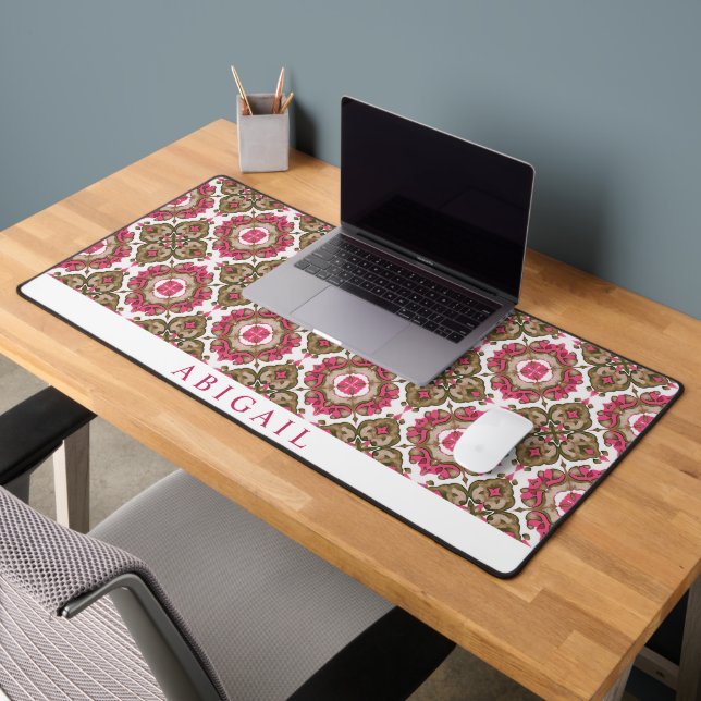 Olive and magenta pink Mediterranean pattern     Desk Mat (Office 2)