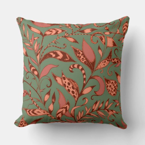 Olive and Orange Tiger Lily Leaves Vintage Floral Throw Pillow