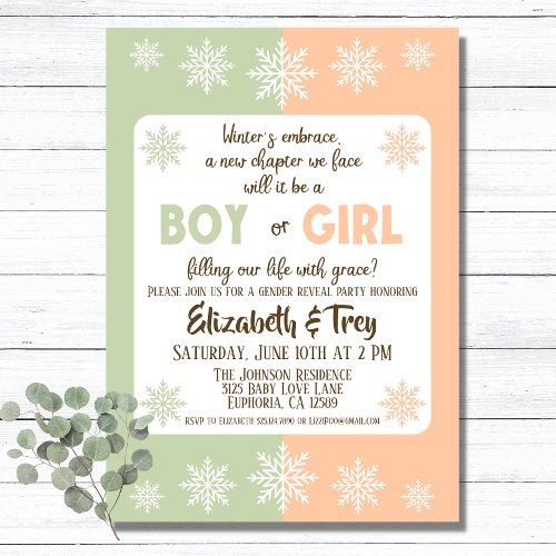 Olive and Peach Winter Snowflakes Gender Reveal Invitation