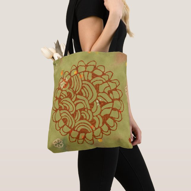 Olive and Rust Green Grunge Flower Sun Tote Bag (Close Up)