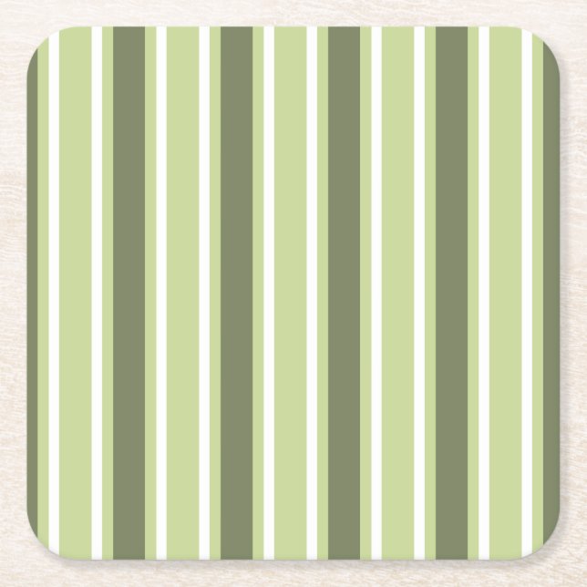 Olive and white candy stripes square paper coaster (Front)