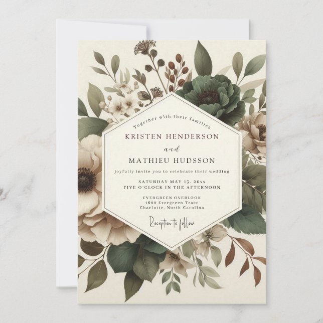 Olive Antique Floral Wedding Invitation (Front)