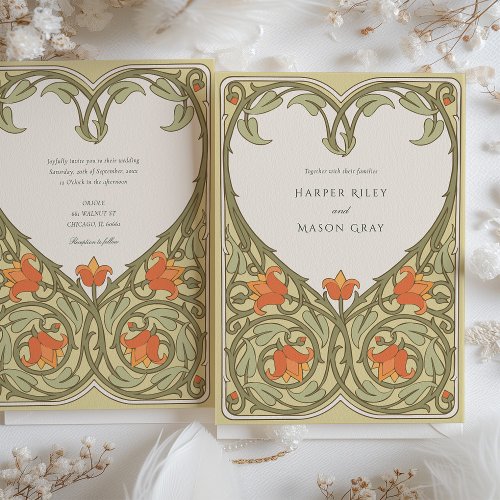 Olive  Apricot Art Nouveau Inspired Wedding Invitation