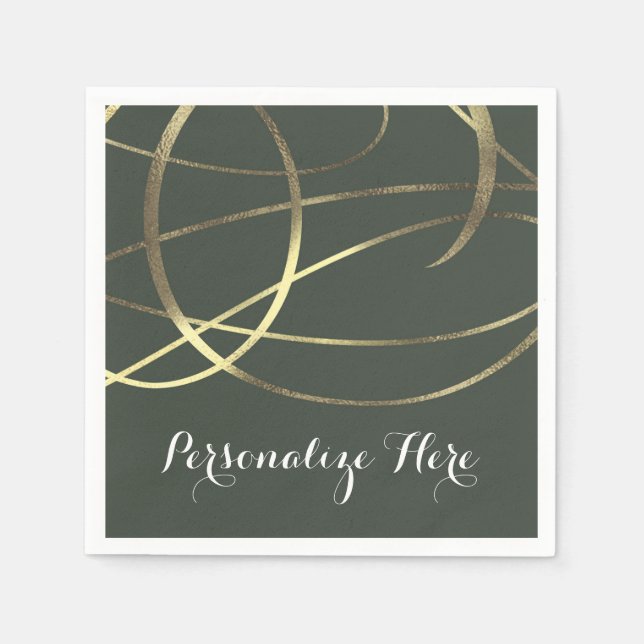 Olive Army Green & Gold Faux Foil Custom Party Paper Napkins (Front)