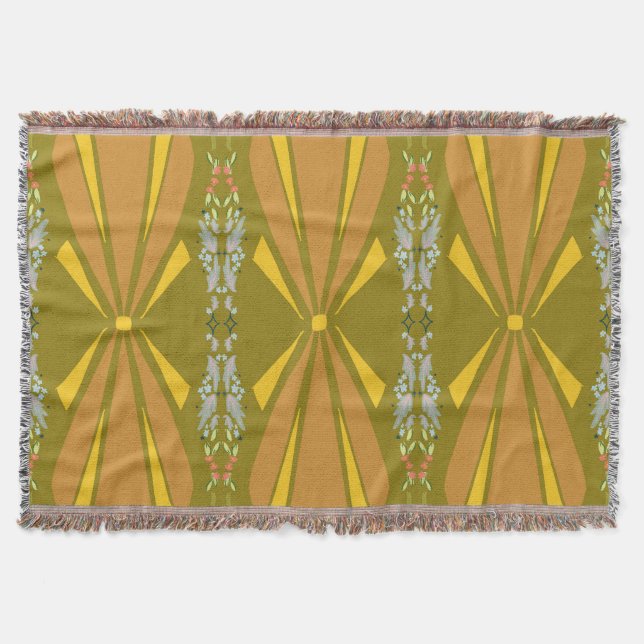 Olive Art Deco Gold Burst Throw Blanket (Front)