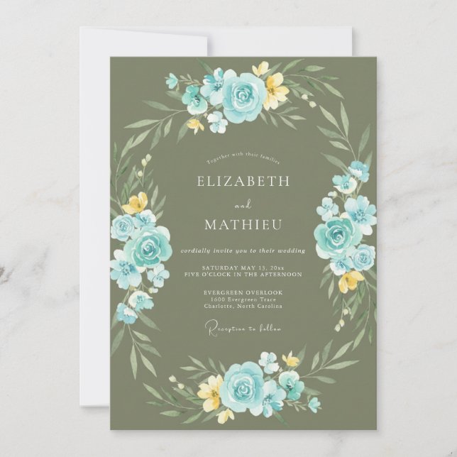 Olive Azure Blossom Wedding Invitation (Front)