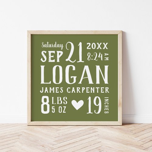 Olive Baby Name Birth Stats  Editable Colors Poster