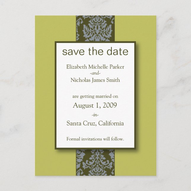 Olive Baroque Damask Save the Date Postcard (Front)