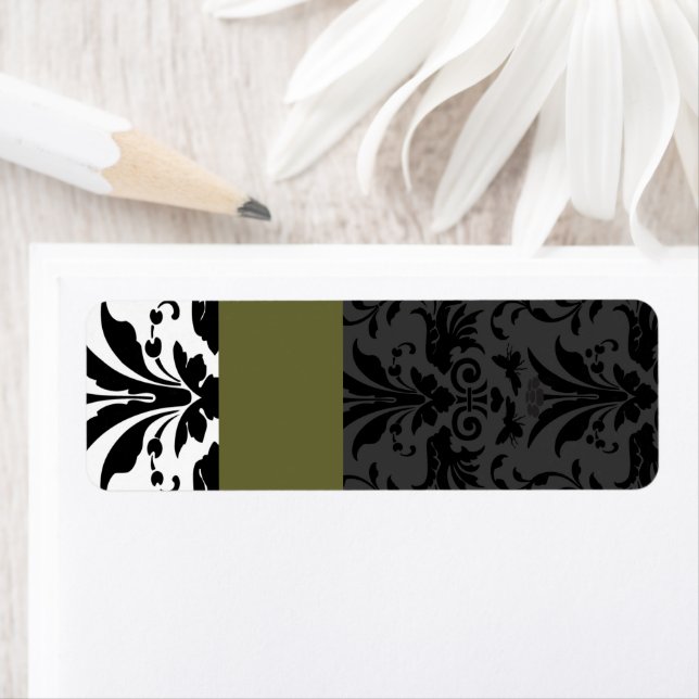 Olive & Black Bumble Bee Damask Address Label (Insitu)