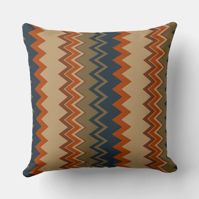 Olive, Blue and Orange Chevron Pattern Throw Pillow (Back)