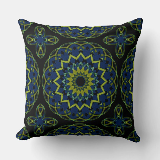 Olive-Blue on Black Kaleidoheart Throw Pillow (Front)
